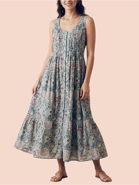 Anokhi Sleeveless Cotton Blue Floral Button Dress Sz XS